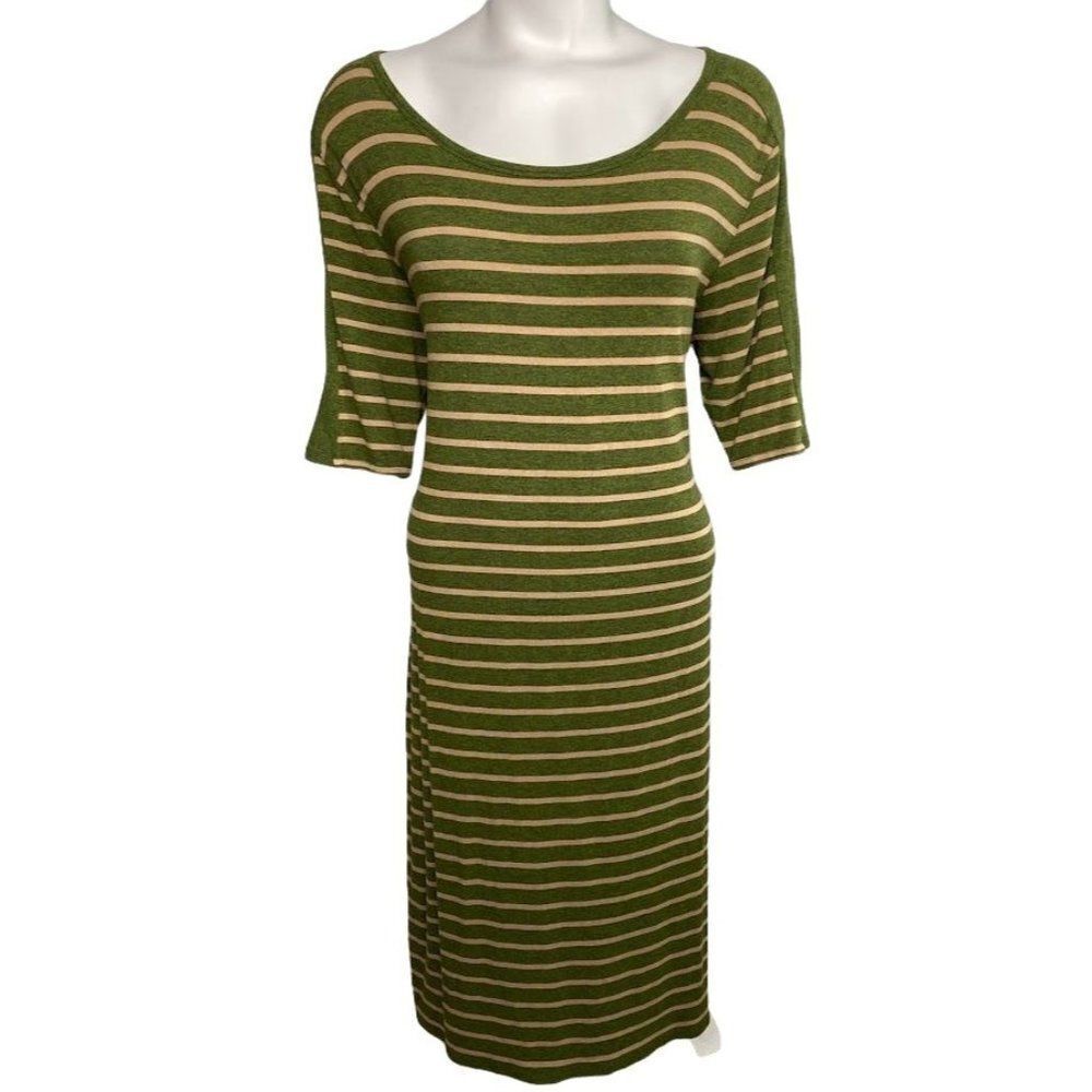 LuLaRoe Julia‎ Green Beige Stripe Soft Knit Bodycon Dress Sz XL